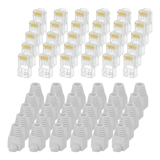 MECCANIXITY 30pcs Cat6 RJ45 Pass Through Connectors, RJ45 Connector 8P8C Gold Plated Plugs with 30pcs Light Grey Strain Relief Boots for Solid or Stranded UTP Ethernet Cable, 1.1mm