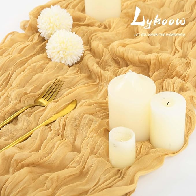 10 Packs Cheesecloth Table Runner Gold, 10Ft x 35" Sand Gauze Boho Wedding Table Runner Decoration, Wedding Table Decor Table Cloth for Wedding Party Bridal Shower Table
