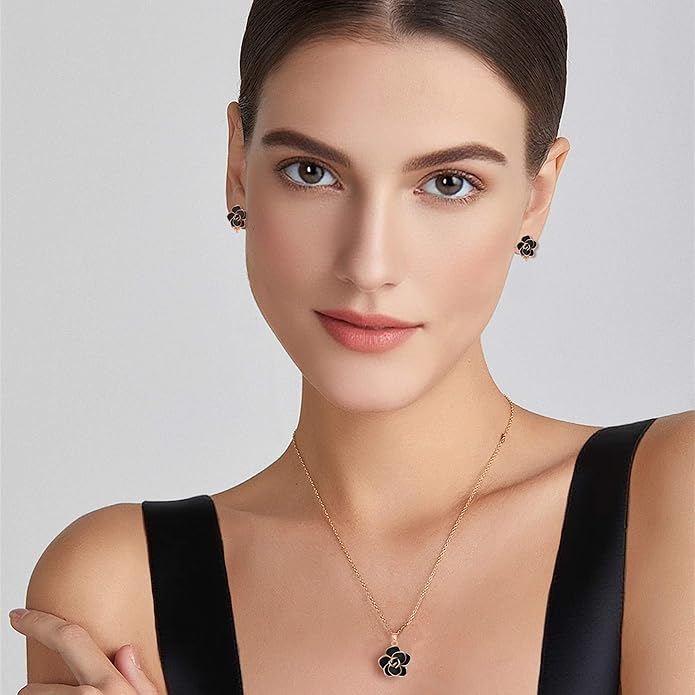 Dainty Rose Flower Pendant Necklace Clip On Earrings Set for Women 14K Gold Plated Hypoallergenic Jewelry Sets