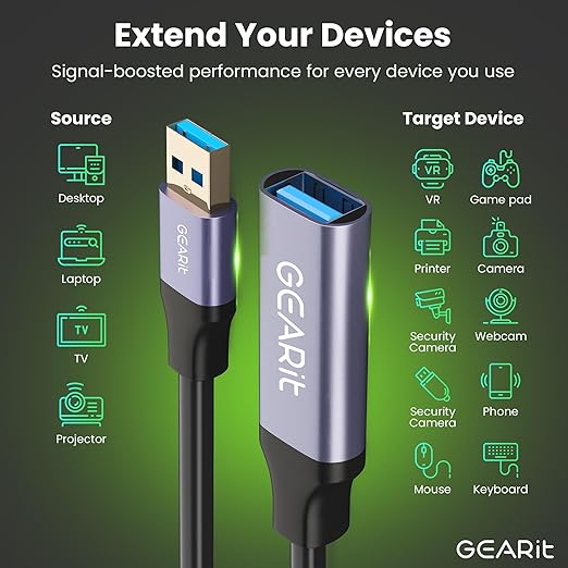 GEARit USB 3.0 Active Extension Cable (65 Feet) A-Male to A-Female USB Repeater with Signal Booster for Oculus Rift, Quest Link, Xbox 360 Kinect, PlayStation, Printer, Webcam - 65ft