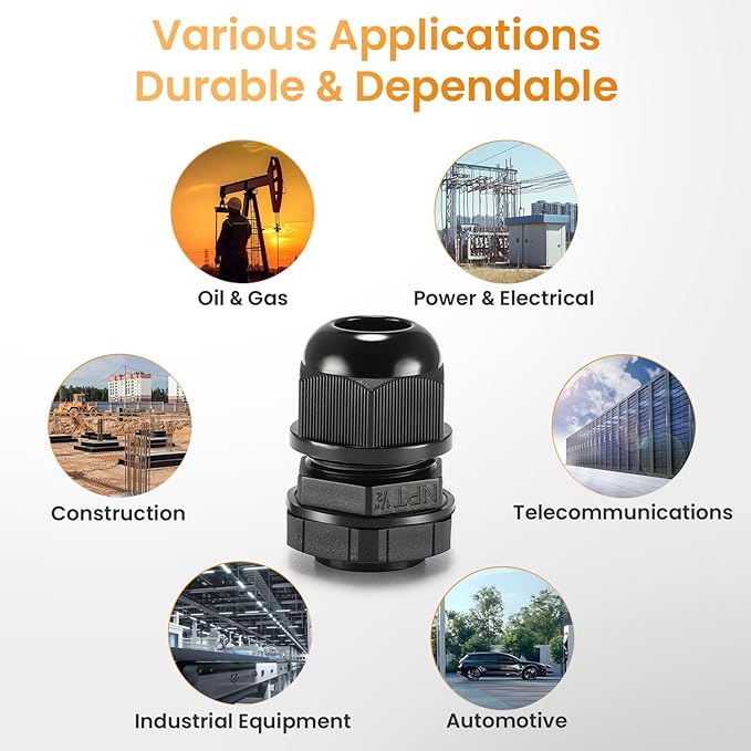 QILIPSU 50pcs 1/2" NPT Cable Gland Waterproof IP68 Nylon Cable Pass Through Cord Grip Connector Strain Relief Wire Grommet