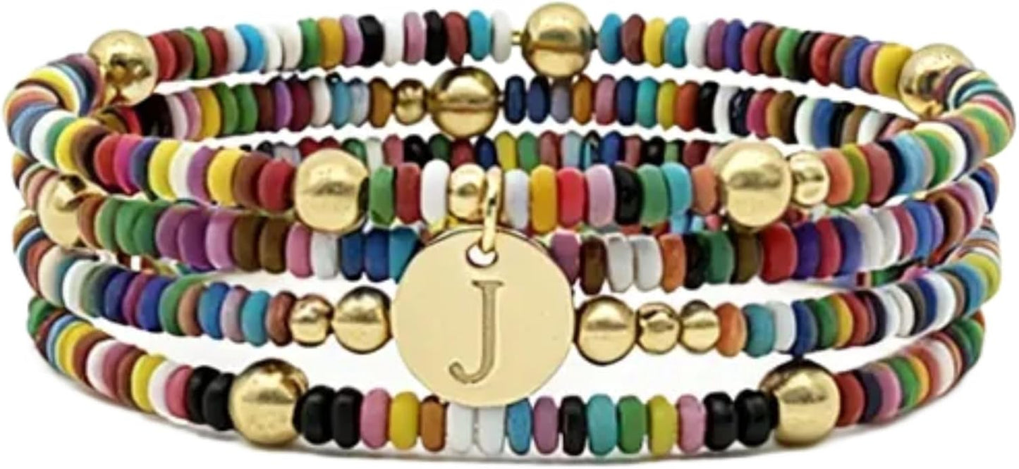 Set of 4 Colorful Bead Initial Bracelets, Personalized Stackable Jewelry, Adjustable Stretchy Charm Bracelets for Women, Beaded Bracelet Set, Trendy Custom Jewelry Gift