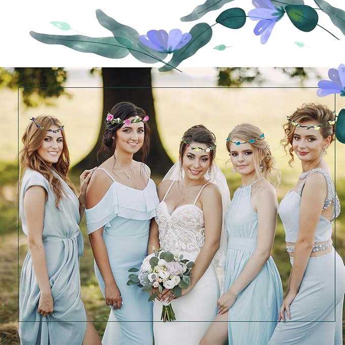 30 PCs Assorted Colored Flower Crown Wreath Headbands, Floral Garland Headband with Green Leaves for Wedding Holiday Festival Fairy Party