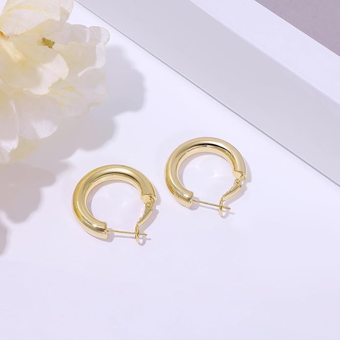 sovesi Chunky Gold Hoop Earrings for Women with 925 Sterling Silver Post, 14K Gold Plated Small Thick Gold Hoops Earrings for Women