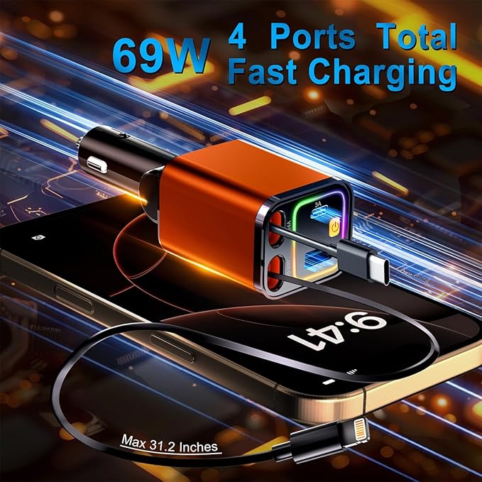[2025 Mirco-Version] 4 in 1 Retractable Car Charger,69W Car Charger USB C,Cigarette Lighter Adapter,Fast Charging for iPhone 16e/16/15/14,13,Android (Orange, for Lightning+USB-C)