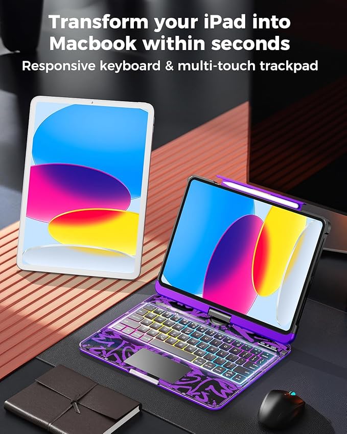 TSQQST Clear Wireless Keyboard Case for iPad (A16) 11th Generation 11-inch 2025/ iPad 10th Generation 10.9-inch with Pencil Holder & Multi-Touch Trackpad, 7-Color Backlight, 360 Rotatable, Purple