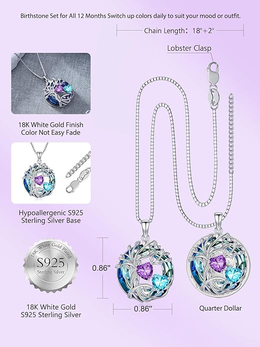 TOUPOP s925 Sterling Silver Family Celtic Tree of Life Pendant Necklaces with 2 Heart Birthstone with Blue Austrian Crystal Jewelry Birthday Valentines Day Gifts for Her, Anniversary Christmas Gifts for Wife Girlfriend Mom (18K Real White Gold Filled)