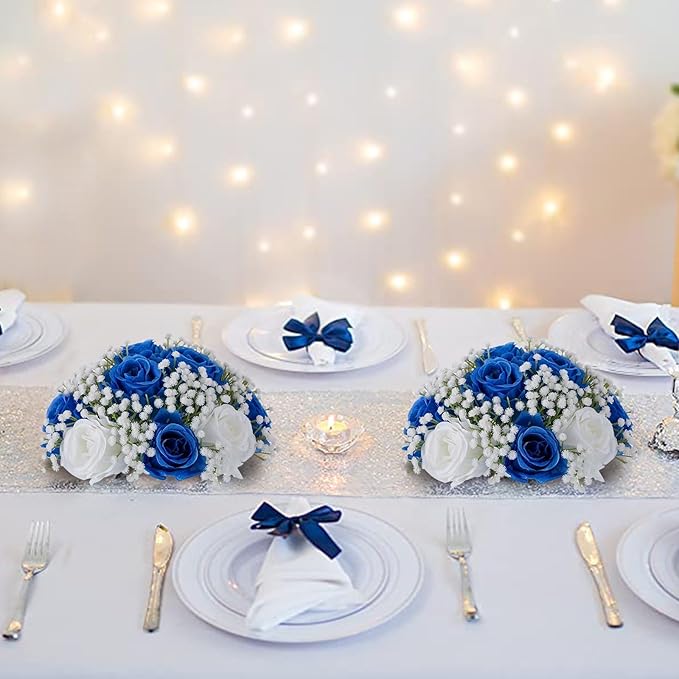 BLOSMON Fake Flowers Ball Wedding Centerpieces 2 Pcs Royal Blue Rose Babys Breath Artificial Flower Center Pieces Decoration for Table Faux Silk Floral Bouquet Arrangements for Home Party DIY Decor