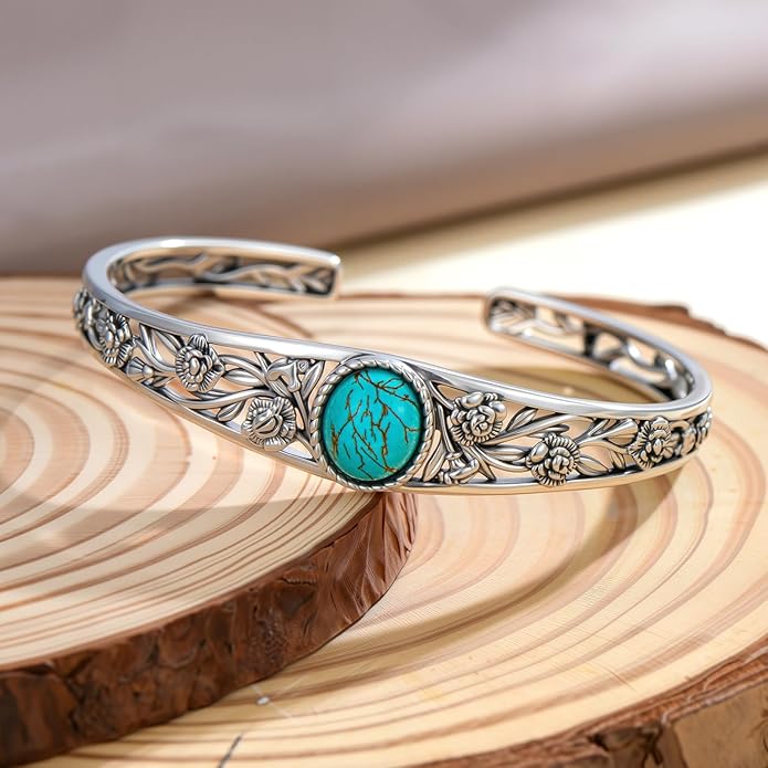Genuine Turquoise Cuff Bracelet for Women, Sterling Silver Western Vintage Floral Bangle Native American Jewelry, For 6.5-7.5 Inch Wrists