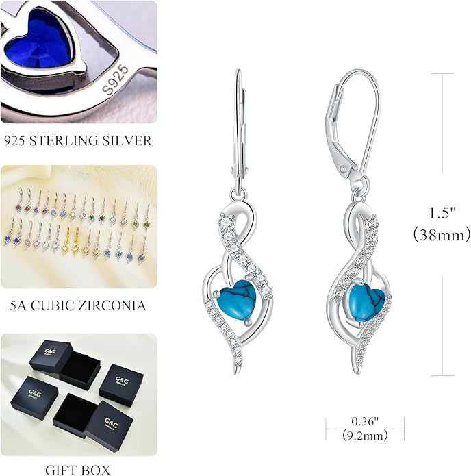 Infinity Heart Dangle Drop Earrings for Women, 925 Sterling Silver Birthstone Leverback Earrings, Birthday Anniversary Valentines Day Jewelry Gifts for Women Mom Her