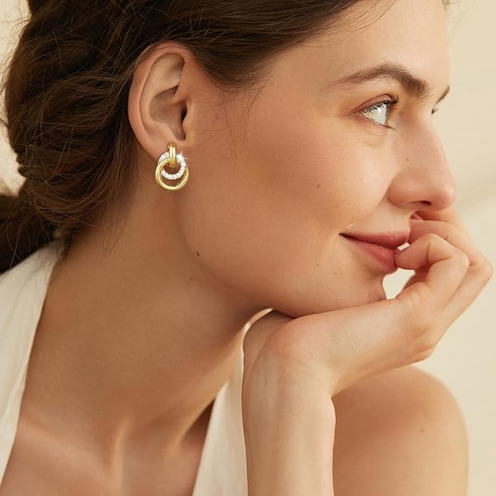 14K Gold Plated Chunky Clip On Earrings for Women 14k Gold Knot Link Clip Earrings Silver Rhinestone Hoop Clip On Earrings Jewelry for Women