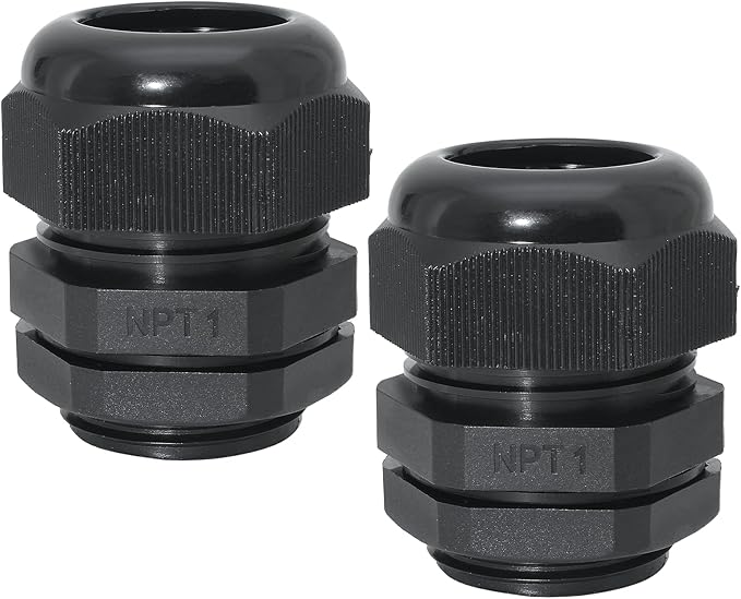 1" NPT Nylon Cable Glands, IP68 Waterproof Adjustable Cord Grip Cable Connector Strain Relief Wire Protectors for 18-25mm Cable Diameter, 2 Pcs, Black