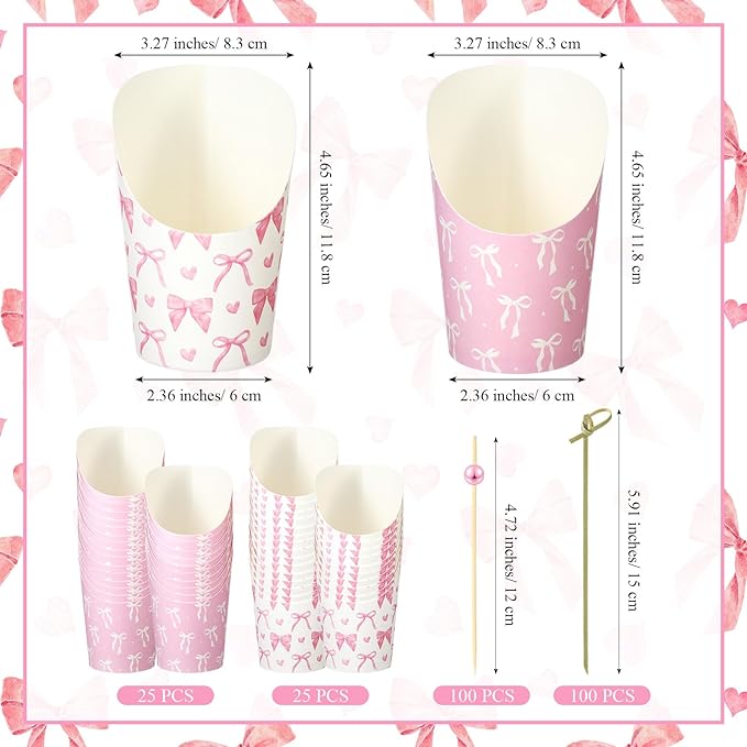 Tioncy 250 Pcs Charcuterie Cups with Cocktail Picks Sets, Bridal Shower Decoration 50 Charcuterie Cups with 200 Sticks for Wedding Baby Shower Floral Boho Witch Party Decorations (Pink,Bow)