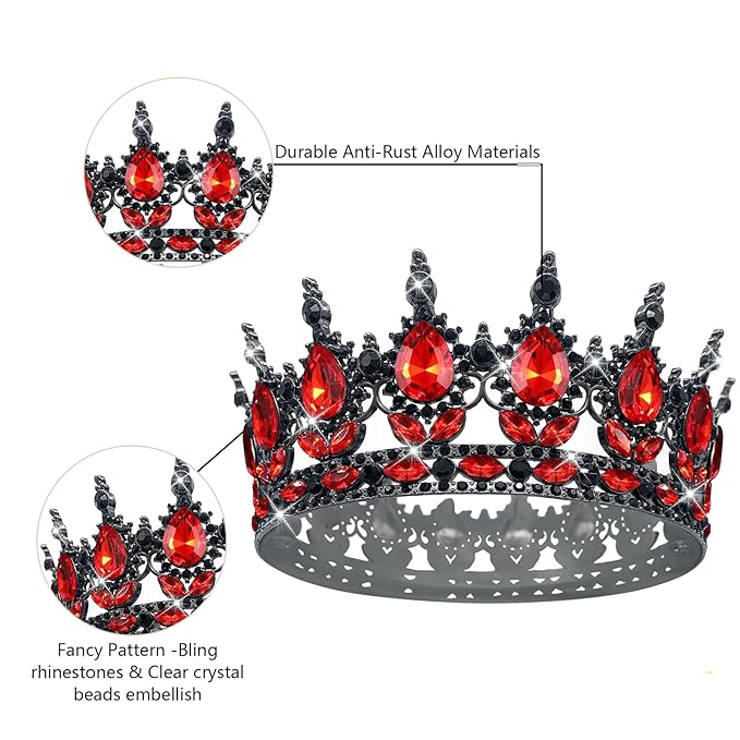 Queen Crown Rhinestone Wedding Tiaras for Women Costume Party Hair Accessories Princess Birthday Tiara Crystal Bridal Crown (Black Red)