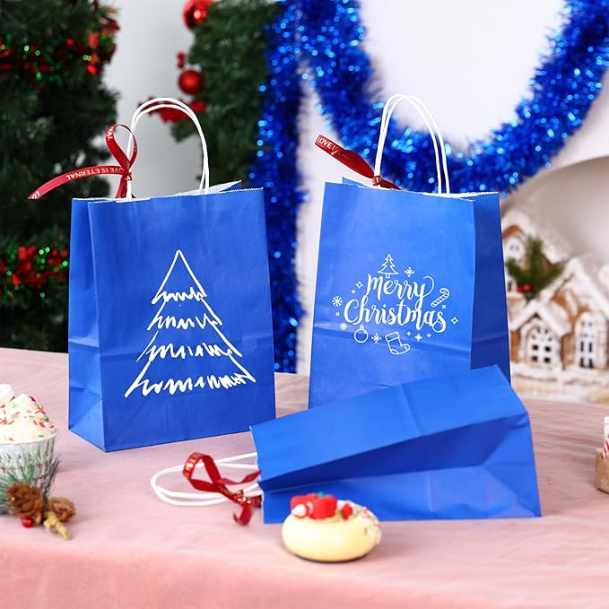 OUTUXED 35pcs Blue Gift Bags, Kraft Paper Bags with Handles, 7.1x3.6x9.3in Medium Size Blue Paper Bags for Retail, Gift Wrapping, and Shopping
