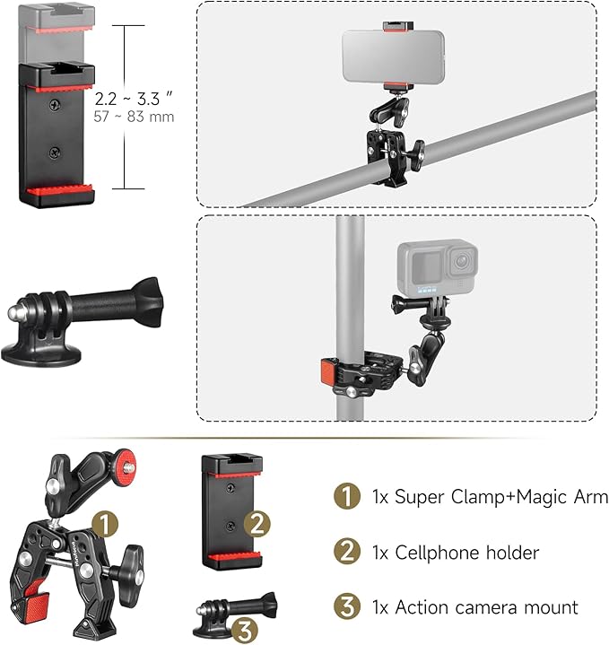 MINIFOCUS Super Clamp Camera Clamp Mount, 360° Ballhead Magic Arm with 1/4" 3/8" Port Extension Holder Adapter, Double Ball Head Adapter for Canon Nikon DSLR GoPro Action Camera Video Light