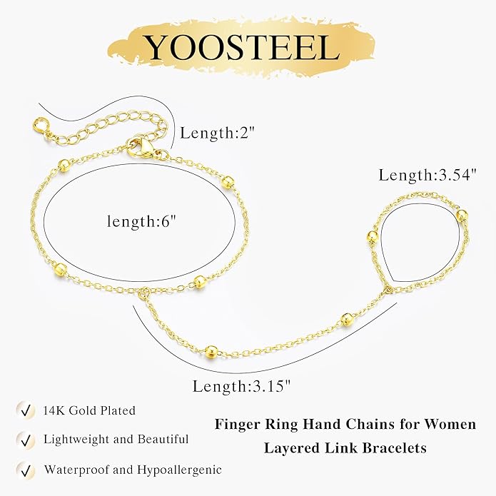 Yoosteel Hand Chain Bracelet for Women - Valentines Gifts Dainty 14K-Gold-Plated Finger Ring Hand Chains Layered Trendy Link Bracelets Jewelry Gift for Women