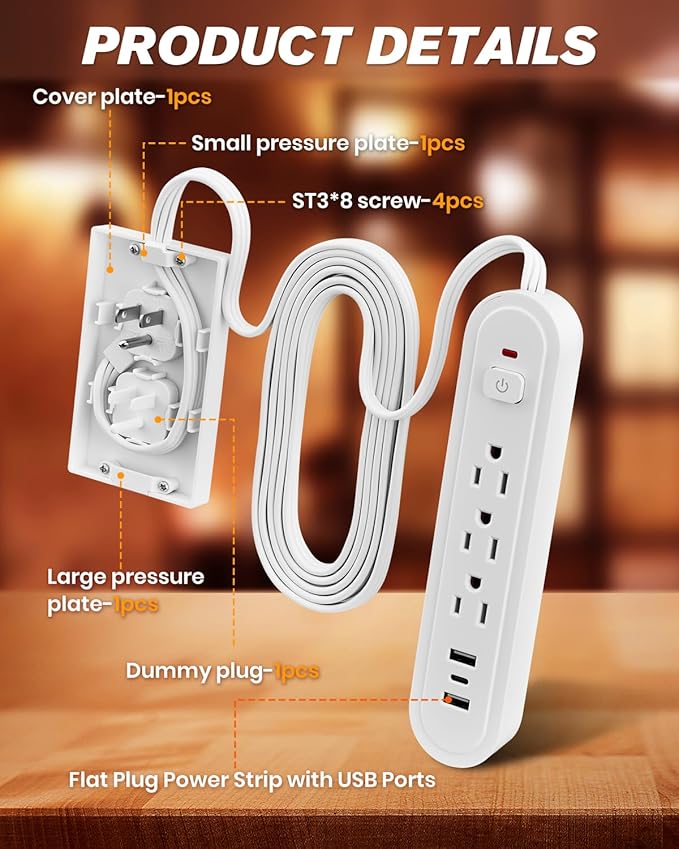 Saker Outlet Concealer Power Strip, 8FT Surge Protector Flat Extension Cord with 3 Outlets and 3 USB Ports, Outlet Cover Baby Proofing for Kitchen, Home and Office (8FT)