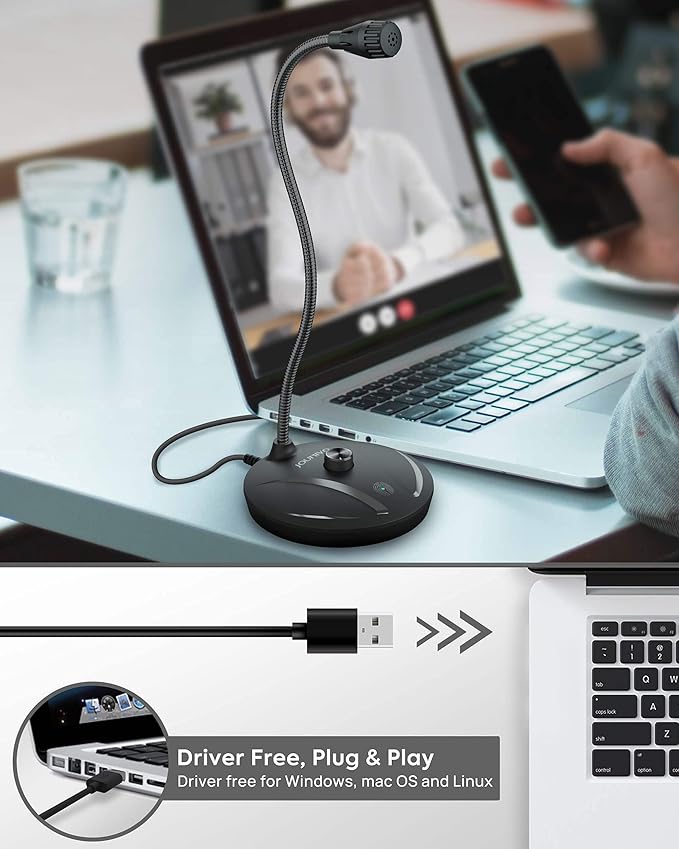 JOUNIVO USB Microphone for Computer, PC/Laptop Mic, Mute Button with LED Indicator, 360 Degree Gooseneck Design, Desktop Microphone for Streaming, Recording, Dictation, Podcasting, YouTube, JV610PRO