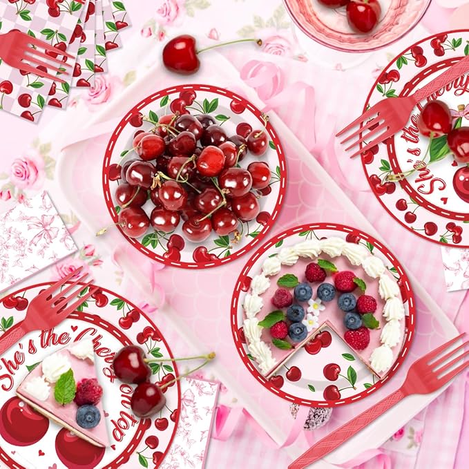 96 Pcs Cherry Birthday Decoration Disposable Tableware Set - She's the Cherry On Top Paper Plates Napkins Forks Fruit Cherry Theme Birthday Baby Shower Party Supplies for Serve 24 Guests