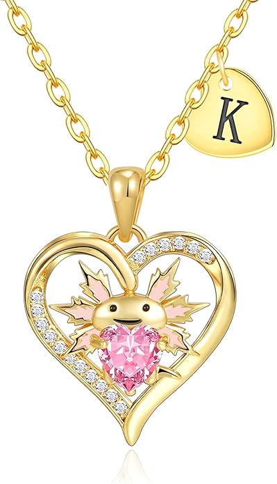 Macate Valentines Day Gifts for Her, 14K Gold Plated Heart Initial Pendant Axolotl Necklace Gold/silver Necklace Valentines Day Birthday Gifts for Women Teen