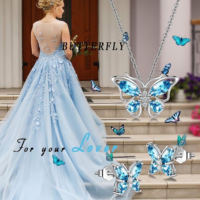 925 Sterling Silver Birthstone Butterfly Jewelry Women Crystal Animal Cute Butterflies Birthday Necklace/Earring/Ring/Bracelet Sets Birth Stone Statement Anniversary Jewellery