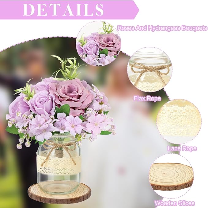 Set 6 Mason Jar Table Centerpiece - Wedding Centerpieces for Tables, Mason Jar Flower Centerpiece Vases Decor- Boho Farmhouse Rustic for Engagement, Bridal Shower, Wedding, Versatile Decor (Purple)