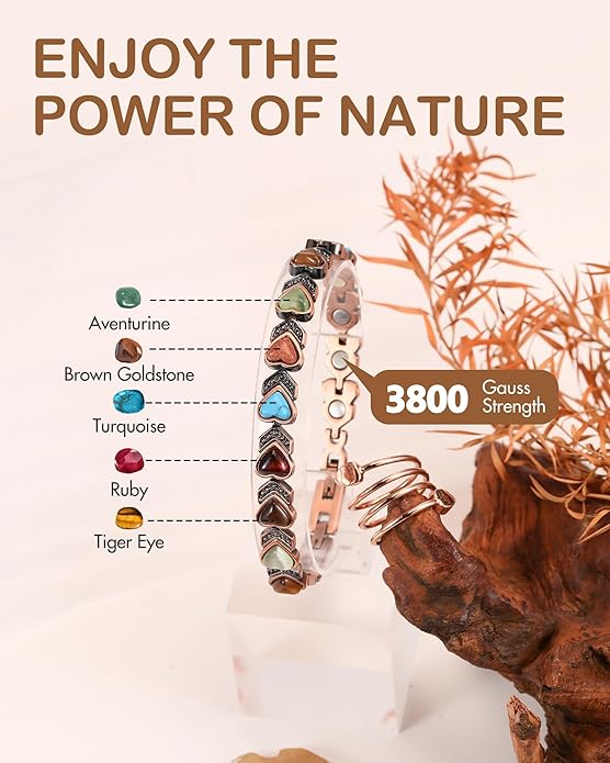 Feraco Pure Copper Bracelets & Rings for Women, Ultra Strength Magnetic Bracelet with 3800 Gauss Magnets & Natural Turquoise & Stones, Adjustable, Jewelry Gift