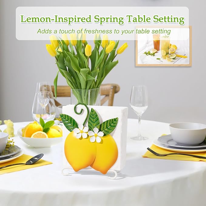 Lemon Napkin Holder for Table - Tissue Holder for Spring Home Decor, Vintage Home Yellow Kitchen Counter Decor and Accessories, Lemon Housewarming Gifts for Women, 3D Handmade Pattern, Metal
