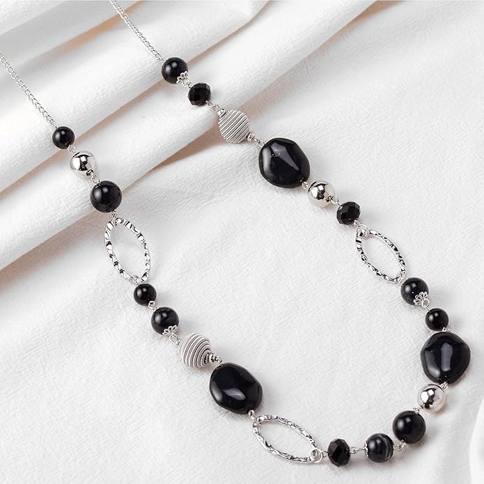 BULINLIN Beaded Long Necklace for Women Silver Sweater Chain Necklace with Crystal Resin Beads, Fashion Jewelry Necklace