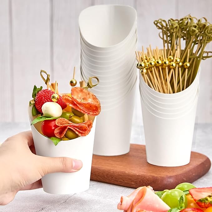 50 Sets 14 oz Charcuterie Cups with Sticks and Bags, Individual White Paper Charcuterie Boxes Disposable Individual Appetizer Serving Cups (50 Cups + 200 Cocktail Picks + 50 Bags + 50 Ties)