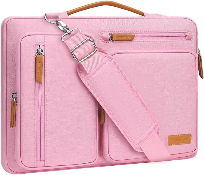 MOSISO 360 Protective Laptop Shoulder Bag,15-15.6 inch Computer Bags Compatible with MacBook Pro 16 inch, HP, Dell, Lenovo, Asus Notebook,Side Open Messenger Bag with 4 Zipper Pockets, Pink