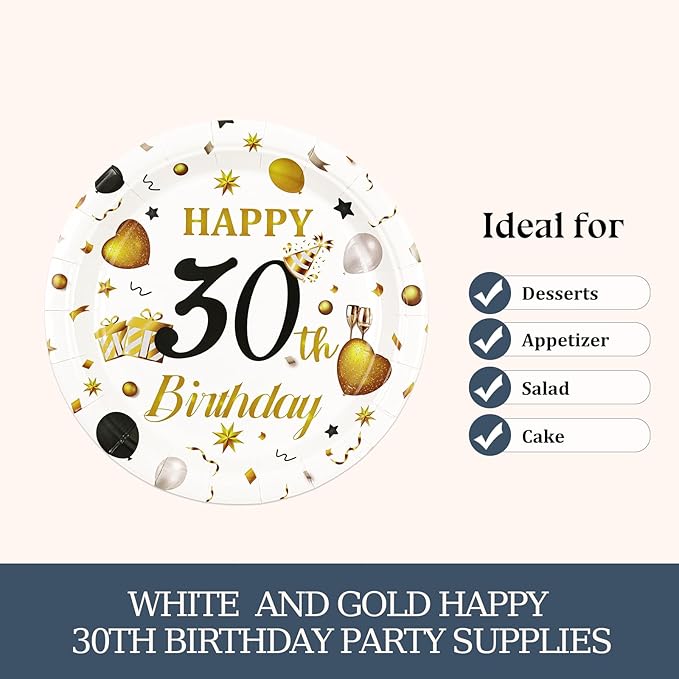 75PCS 30th Birthday Plates and Napkins Party Decorations, 7 Inch White and Gold Happy 30th Birthday Paper Dessert Cake Plates and Napkins Set Disposable Tableware Party Favors for Women Men
