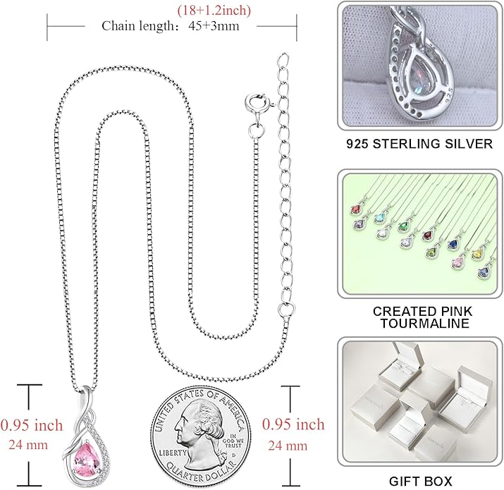 STARCHENIE 925 Sterling Silver Necklace Dangle Earrings for Women Infinity Twisted Teardrop Pendant October Birthstone Created Pink Tourmaline Jewelry Set
