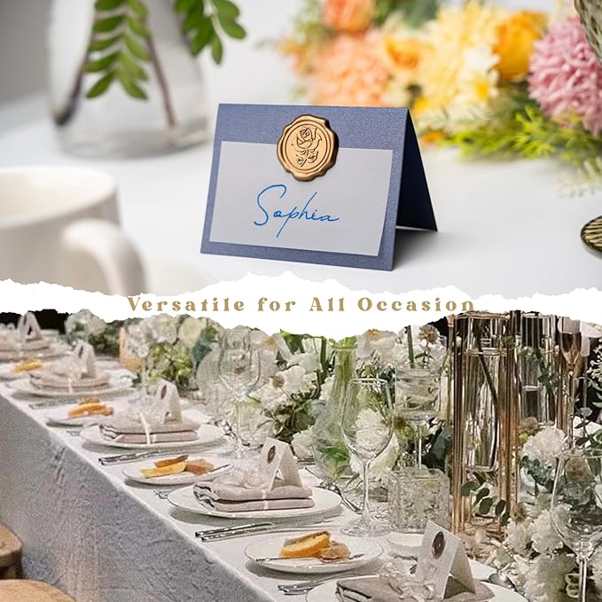 25 Pack Name Cards for Table Setting, Place Cards with Antique Gold Rose Wax Seal Sticker for Wedding, Table Tent Card Stock Handmade Decor for Party, Dinner, Home (Pearlized Navy Blue)
