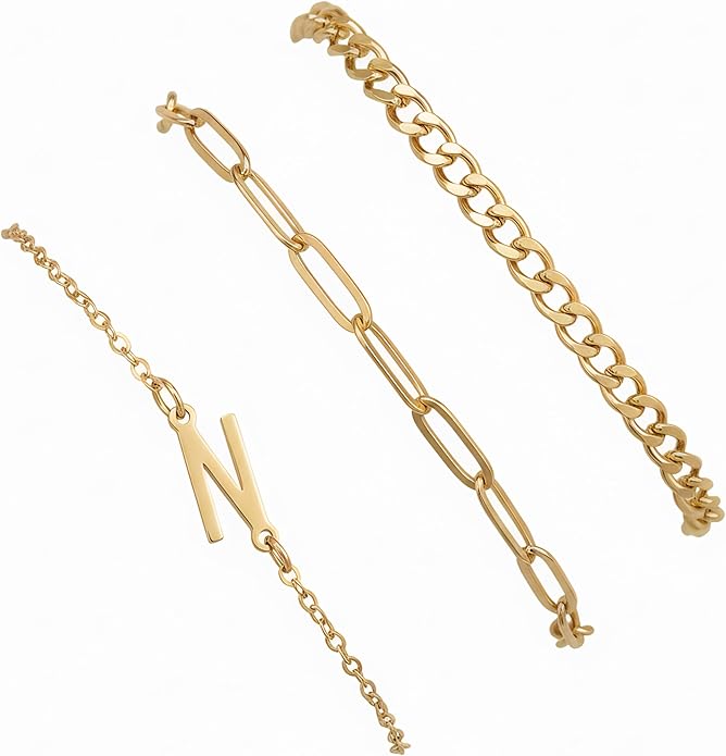 14K Gold Plated Bracelets for Women, A–Z Initial Charm Bangles Jewelry Set, Elegant Gold Accessories, Friendship Bracelet Gifts for Mom