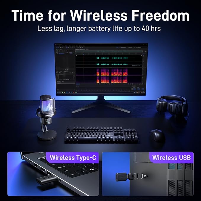 MAONO Wireless Microphone for PC,Gaming Streaming Condenser Mic with Software AI Voice Change,3-Level Noise Cancellation,Custom EQ,Gain Control USB Mic for Podcast Recording (DM40-Black)