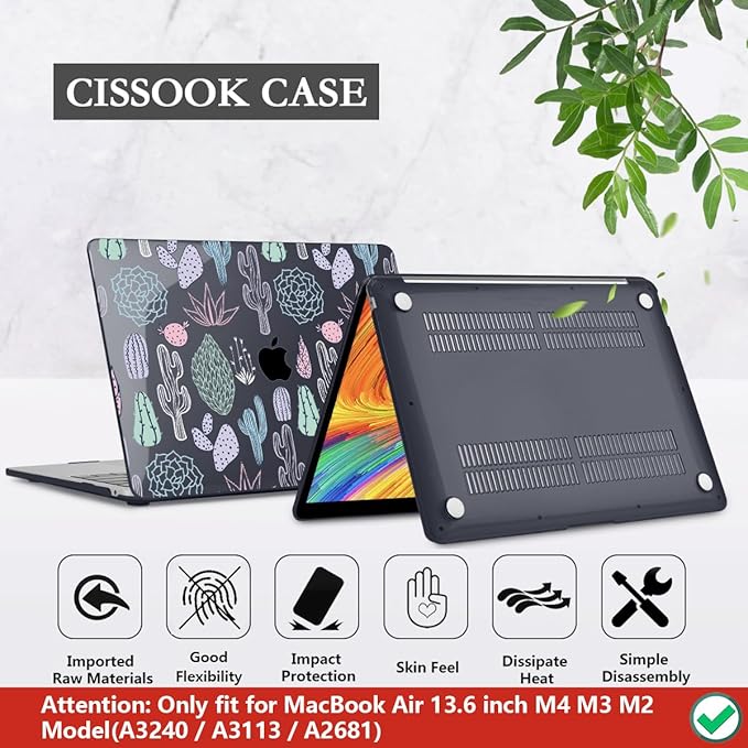 CISSOOK Laptop Hard Shell Case for MacBook Air 13.6 Inch Case 2025 2024 2022 Release Model A3240 A3113 A2681 Cute Cacti Shell with Keyboard Cover for MacBook Air 13-inch M4 M3 M2 Chip, Cactus