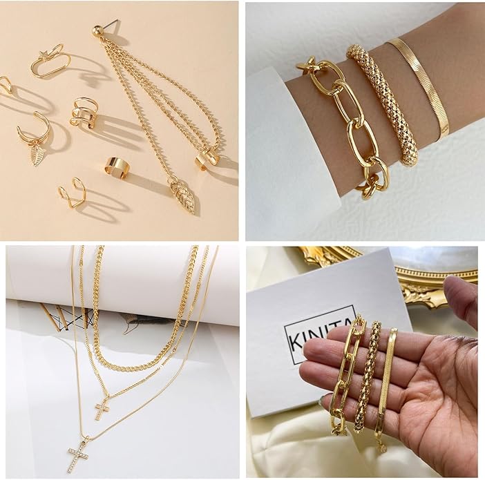 73 Pcs Gold Jewelry Set with 6Pcs Layered Necklace, 11 Pcs anklet and 7Pcs Earring Ear Cuff,12Hoop Earrings ,15pcs Rings,21pcs stud earrings Jewerly set for Women Pack for Friendship Party Gift