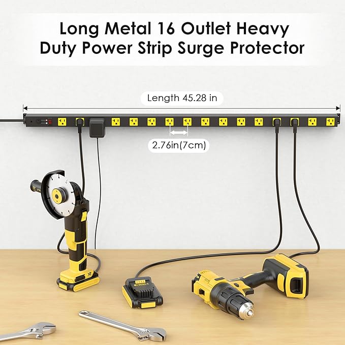 JUNNUJ Long Metal 16 Outlet Power Strip, Heavy Duty Power Strips Surge Protection 4800J with Circuit Breaker, 20a Wide Spaced Socket Wall Mount 5-15P Adapter High Amp 6-20R T-Slot 15FT Extension Cord
