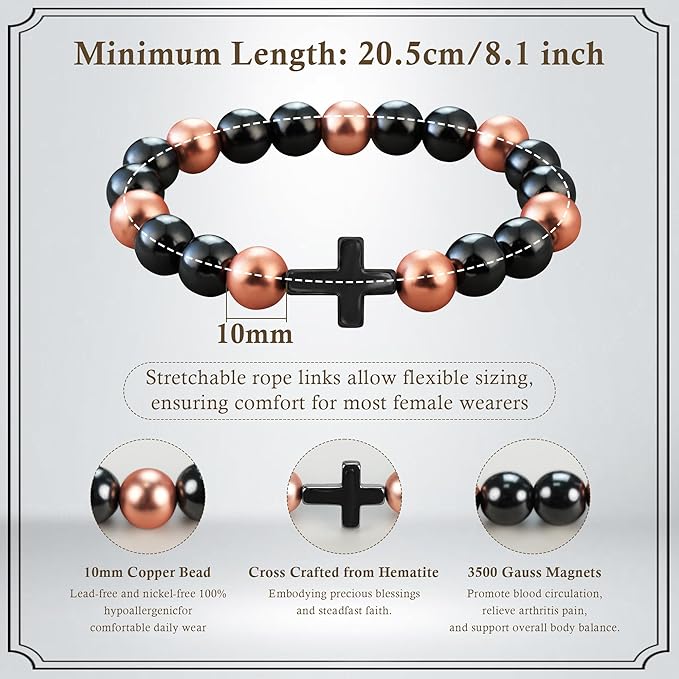 Copper Magnetic Bracelet for Men, Copper Bracelet with 3500 Gauss Magnetic Beads Cooper Christian Cross Jewelry Parents Anniversary Pulsera de Cobre Para Hombres Husband Valentines Day Gifts