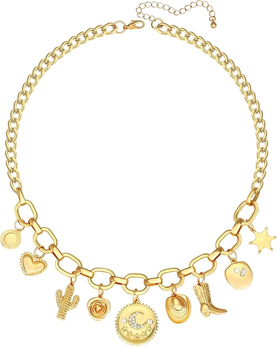 MISS RIGHT Dainty Gold Evil Eye Hamsa Hand Coin Lucky Charm Pendant Necklace for Women Trendy Vintage Paperclip Chain Sun Moon Clover Flower Chunky Charm Necklace Jewelry Gifts