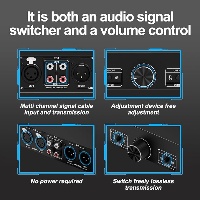 Y.D.F RCA and XLR Selector Switch Boxes, 2(1)-in-1(2)-Out RCA/XLR Speaker Switcher Selector, HiFi Balanced Stereo Audio Switcher/Converter Premium Selector Splitter Box with Volume Controller