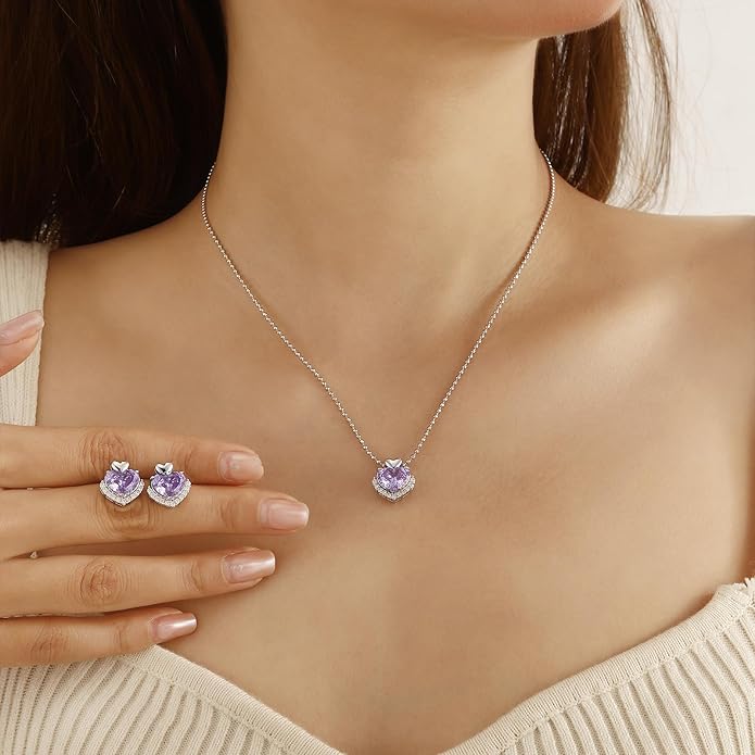 Love Heart Necklaces and Earrings with Rose Cut Birthstone Silver Plated Elegant Jewelry Set for Women CS0002