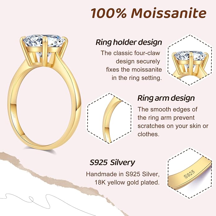 Moissanite Engagement Rings for Women,Promise Rings 925 Sterling Silver with 18K Yellow/White Gold Plated,D Color VVS1 Wedding Band Moissanite Ring 0.5/1/1.5/2/3/4CT