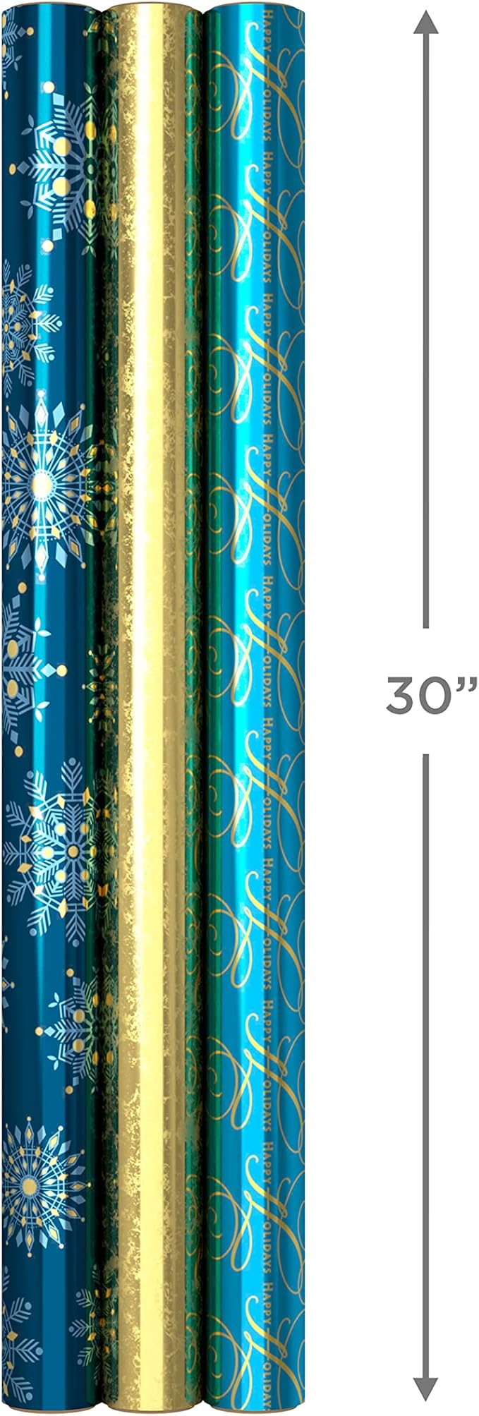 Hallmark Christmas Wrapping Paper Rolls, Metallic Foil Holiday Gift Wrap (Pack of 3: 60 sq. ft. ttl) Elegant Navy Blue and Gold for Christmas, Hanukkah, Weddings, Graduations