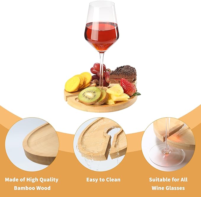 Mini Charcuterie Board with Wine Holder, Wine Glass Charcuterie Topper, Wine Gifts Accessories, Cheese Appetizer Plates for Wine Party Family Gatherings Bars Restaurants, 7.1'' Set of 4