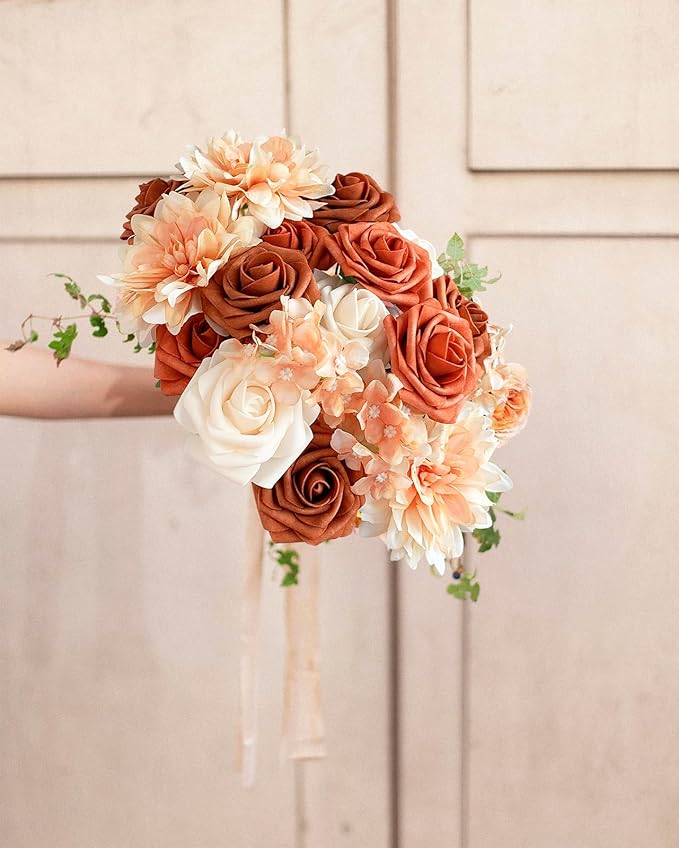 Roses Artificial Flowers Orange Fake Flower Bulk for DIY Wedding Bouquets Bridal Baby Shower Centerpiece Table Decorations Silk Faux Floral Arrangements for Party Home Decor Cake Decorating