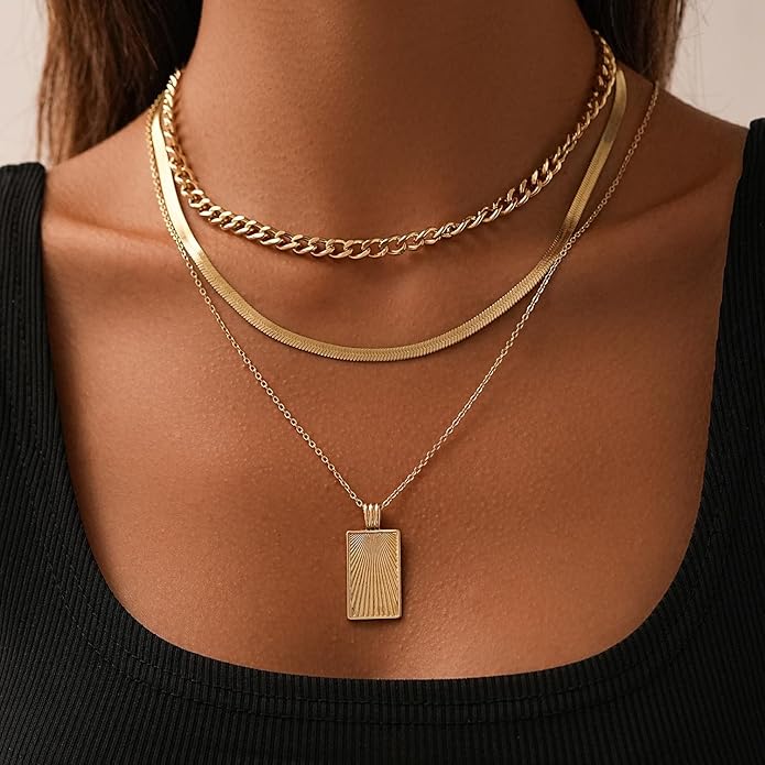 Women's Multi-Layered Gold Necklace, Stackable Delicate 14K Gold Plated Fashion Round Multi Layers Pendant Necklace, Gold Jewelry Set Gifts
