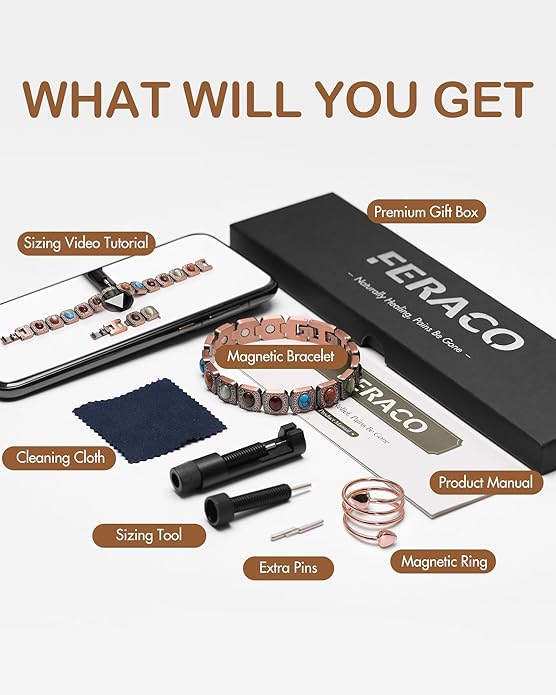 Feraco Pure Copper Bracelets & Rings for Women, Ultra Strength Magnetic Bracelet with 3800 Gauss Magnets & Natural Turquoise & Stones, Adjustable, Jewelry Gift